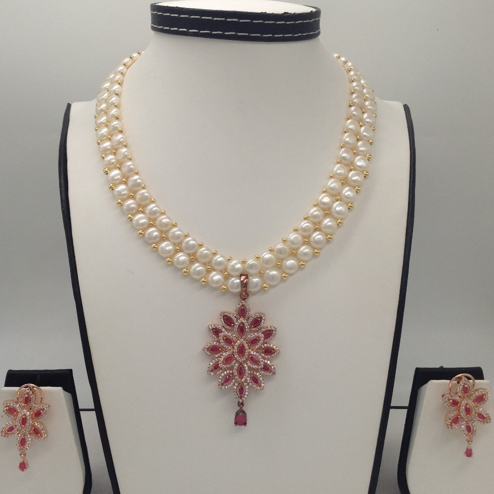 White,red cz pendent set with 2 line button pearls mala jps0263