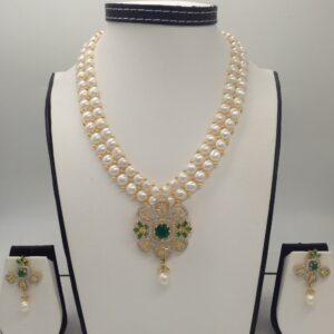 White,green cz pendent set with 2 line button pearls mala jps0261