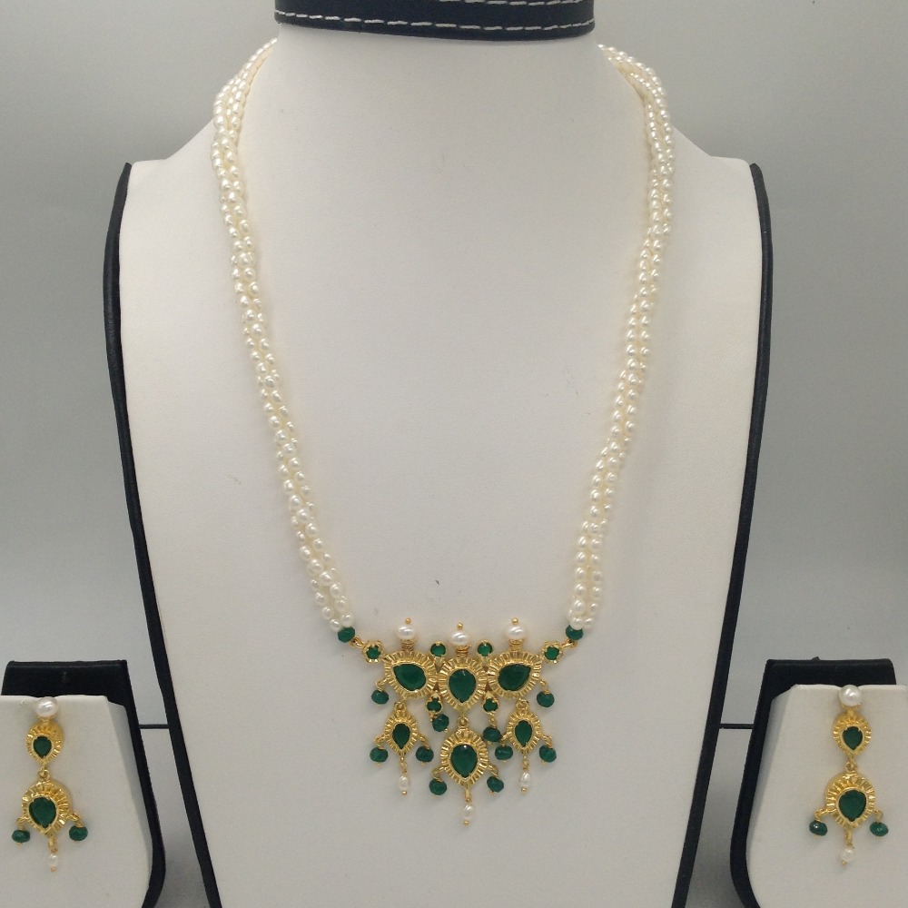 Green cz timmaniya pendent set with 3 line rice pearls jps0273