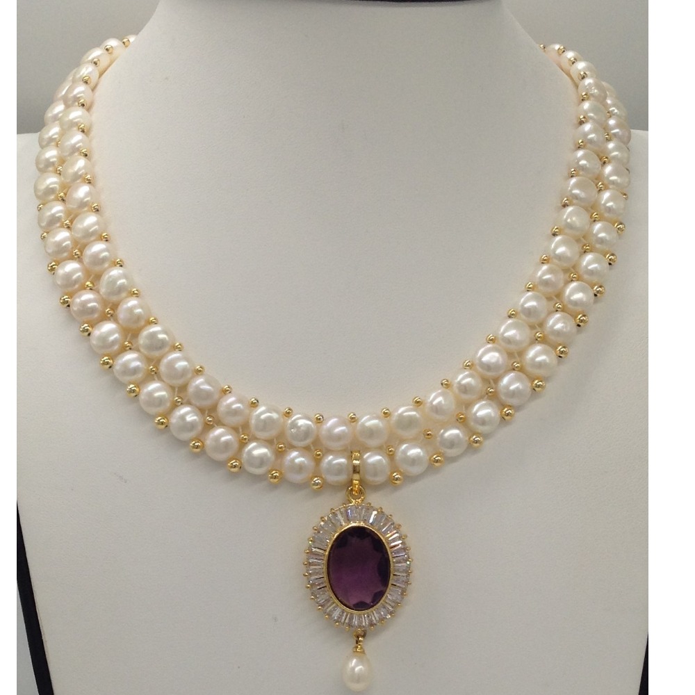 White, purple cz pendent set with 2 line button pearls mala jps0257 - Image 2