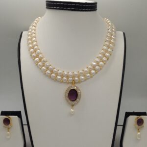 White, purple cz pendent set with 2 line button pearls mala jps0257
