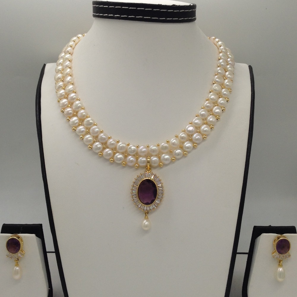 White, purple cz pendent set with 2 line button pearls mala jps0257
