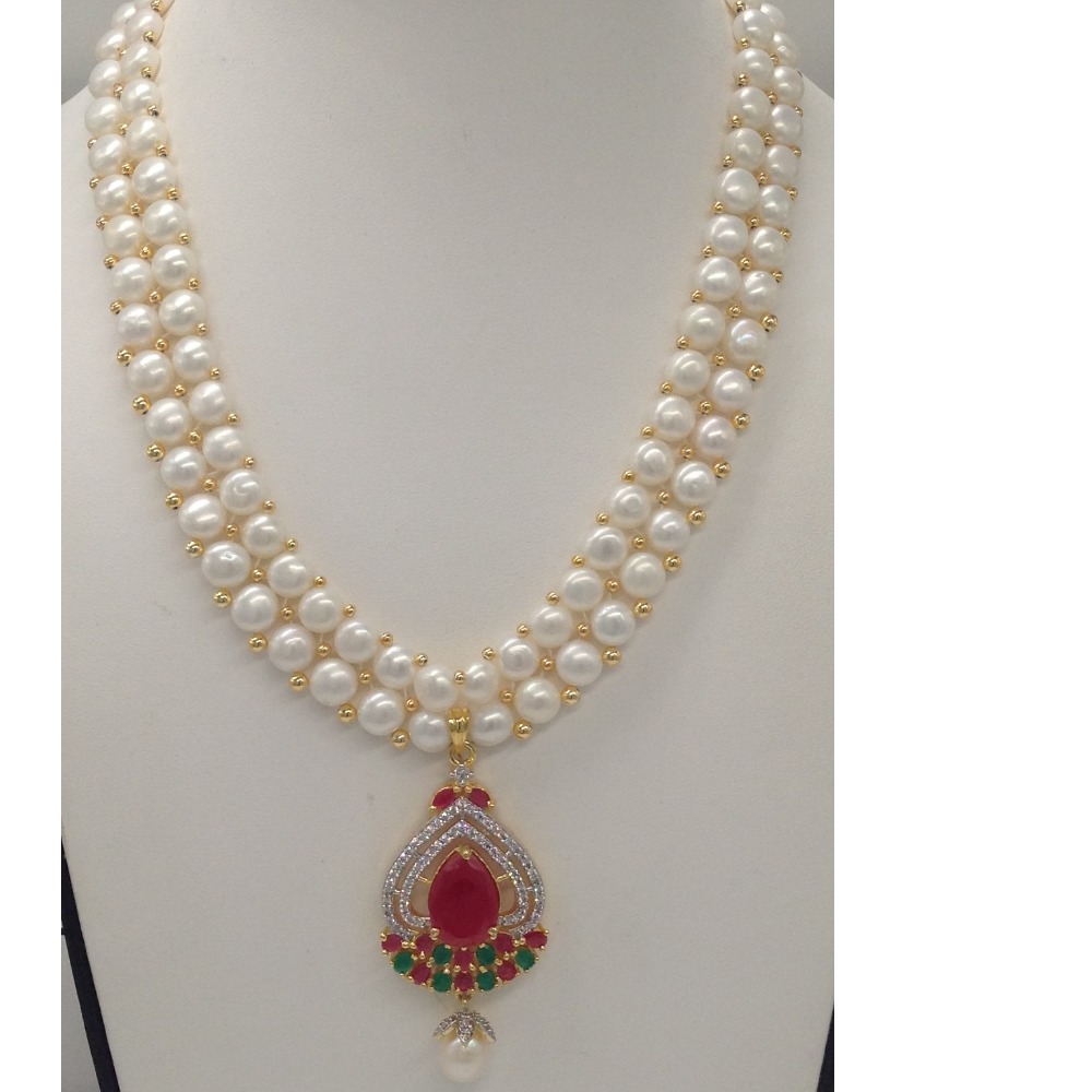 Tri colour cz pendent set with 2 line button pearls mala jps0265 - Image 2