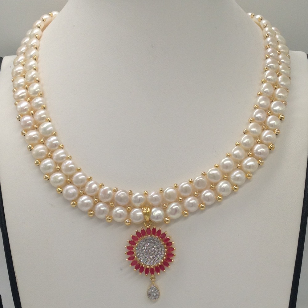 White,red cz pendent set with 2 line button pearls mala jps0254 - Image 2