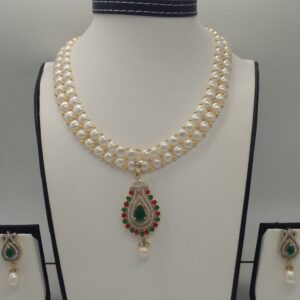 Tri colour cz pendent set with 2 line button pearls mala jps0249