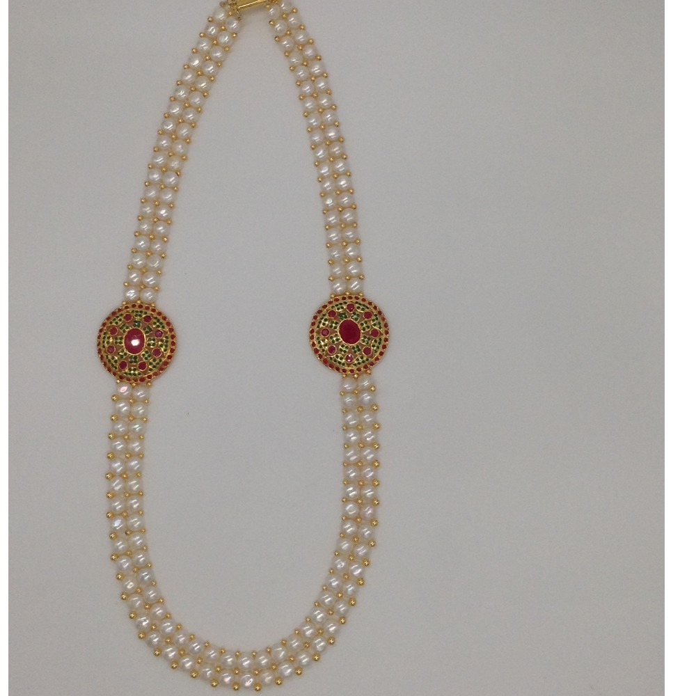 Red And Green CZ Broach Set With 2 Line Button Jali Pearls Mala JPS0225 - Image 4