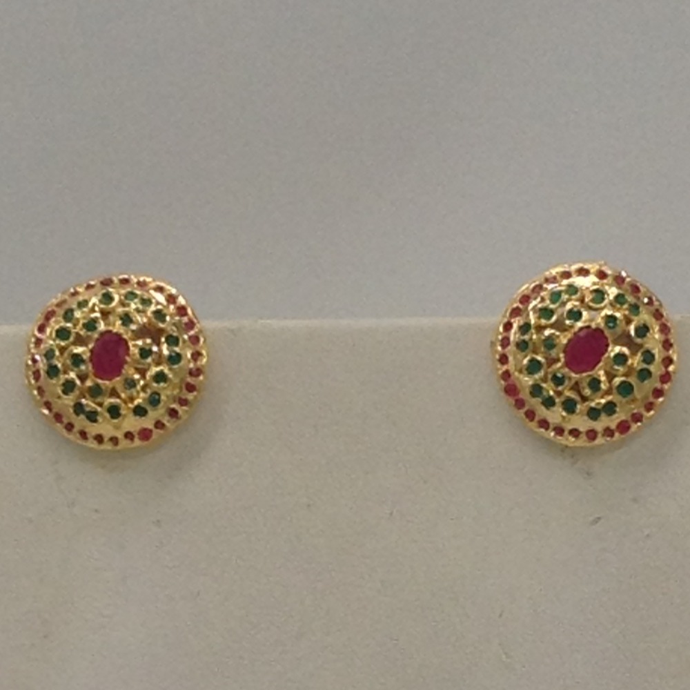 Red And Green CZ Broach Set With 2 Line Button Jali Pearls Mala JPS0225 - Image 3