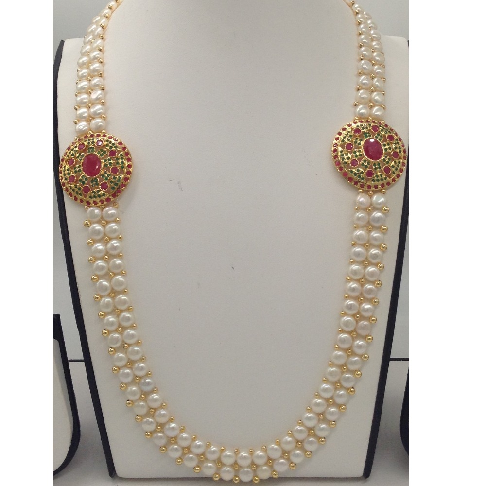 Red And Green CZ Broach Set With 2 Line Button Jali Pearls Mala JPS0225 - Image 2