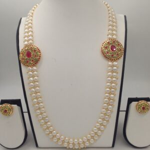 Red And Green CZ Broach Set With 2 Line Button Jali Pearls Mala JPS0225