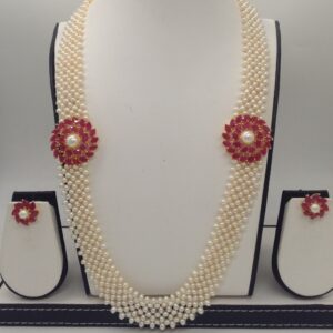 Red CZ And Pearl Broach Set With Seed "U" Jali Pearls Mala JPS0205