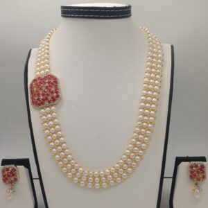 White And Red CZ Broach Set With 3 Line Button Jali Pearls Mala JPS0209
