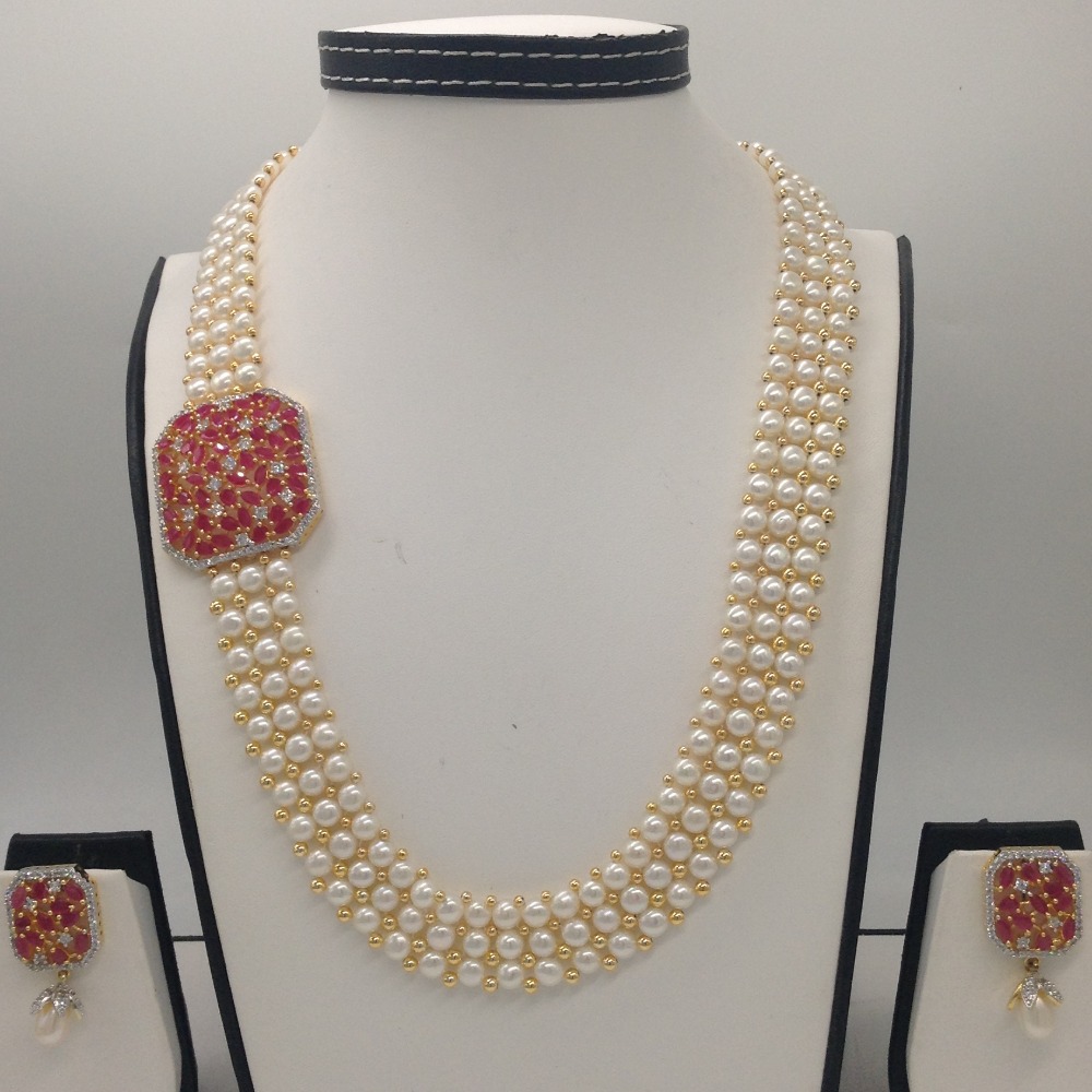 White And Red CZ Broach Set With 3 Line Button Jali Pearls Mala JPS0209