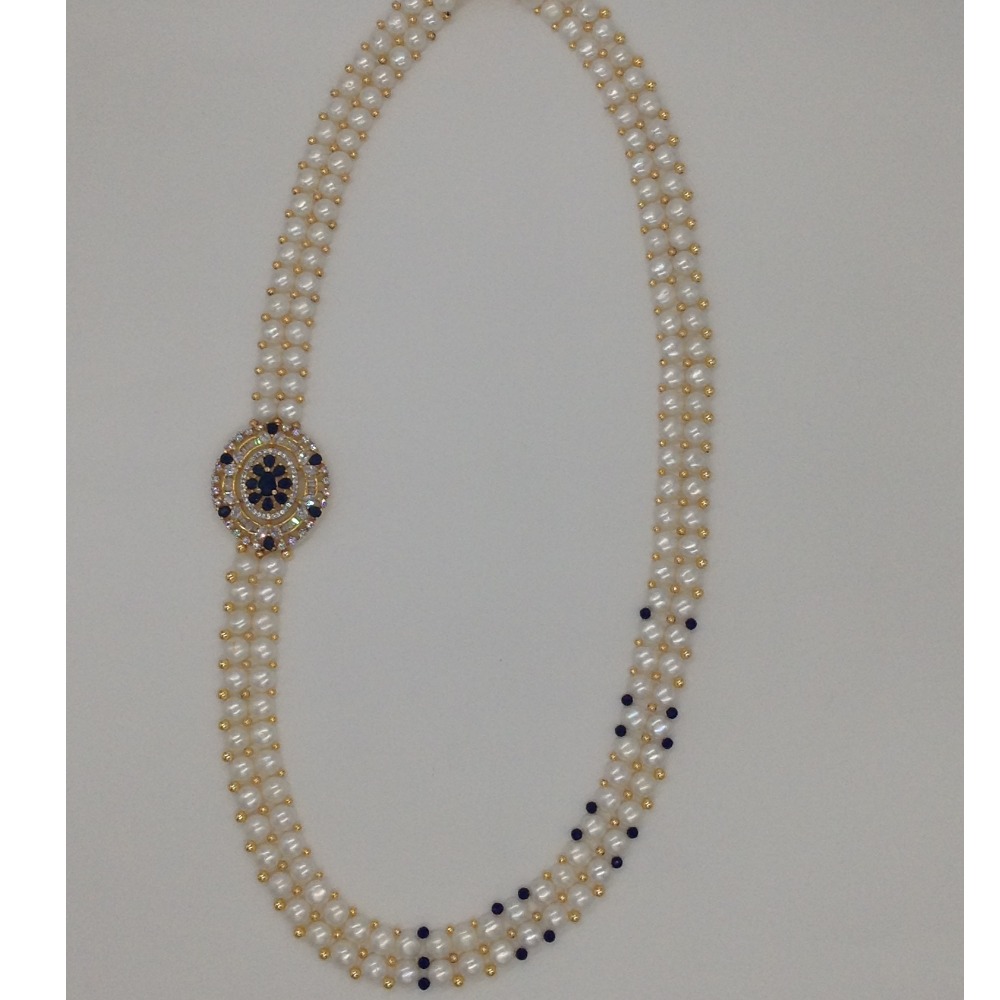 White And Blue CZ Broach Set With 2 Line Button Jali Pearls Mala JPS0220 - Image 4