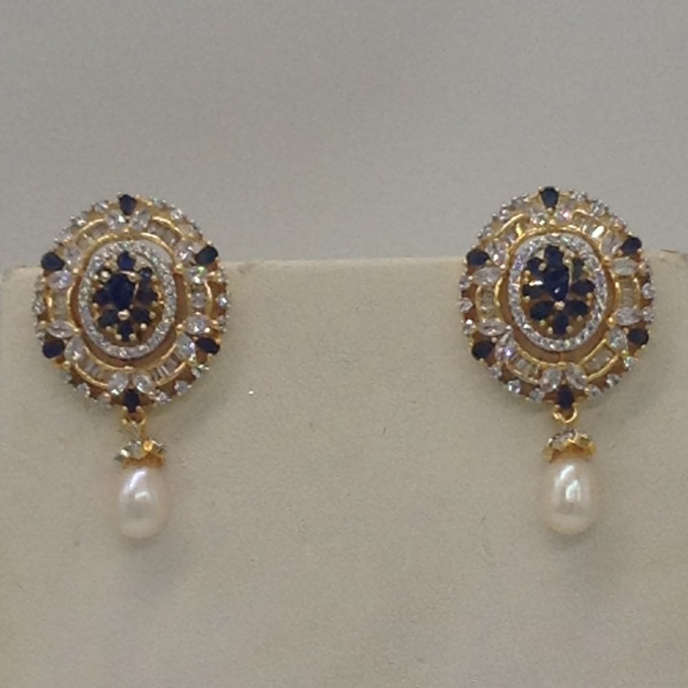 White And Blue CZ Broach Set With 2 Line Button Jali Pearls Mala JPS0220 - Image 3