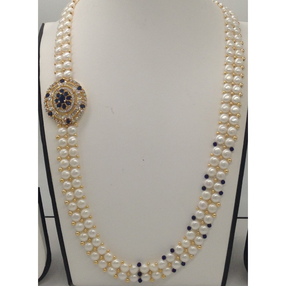 White And Blue CZ Broach Set With 2 Line Button Jali Pearls Mala JPS0220 - Image 2