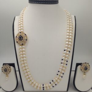 White And Blue CZ Broach Set With 2 Line Button Jali Pearls Mala JPS0220