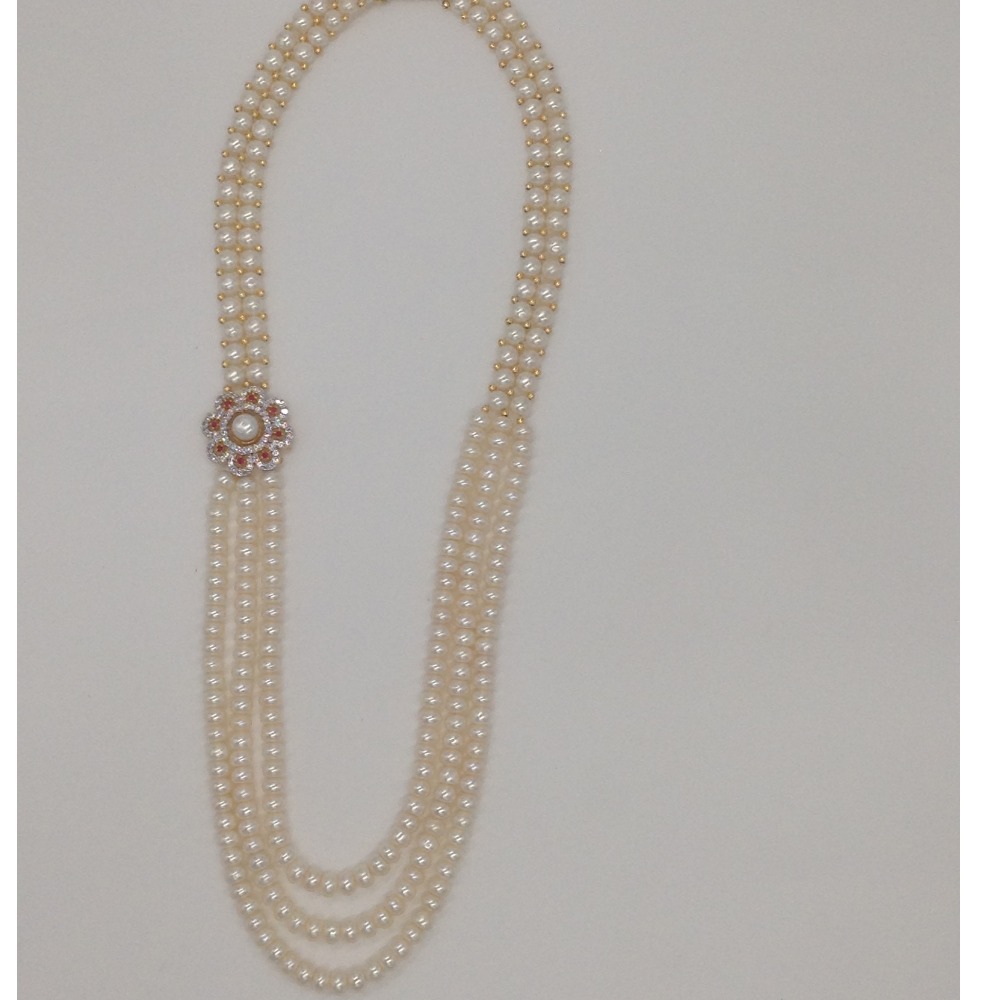 White, Red CZ And Pearls Broach Set With 2 Line Button Jali And 3 Line Flat Pearls Mala JPS0272 - Image 4