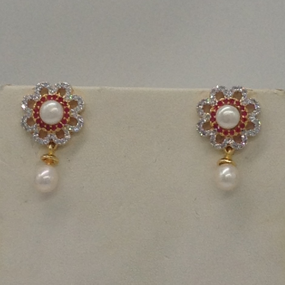 White, Red CZ And Pearls Broach Set With 2 Line Button Jali And 3 Line Flat Pearls Mala JPS0272 - Image 3