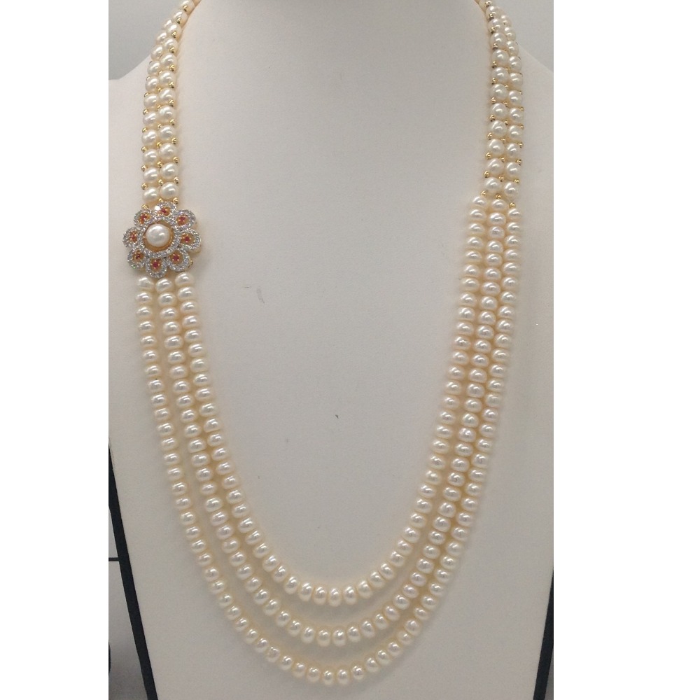 White, Red CZ And Pearls Broach Set With 2 Line Button Jali And 3 Line Flat Pearls Mala JPS0272 - Image 2