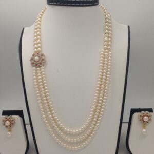 White, Red CZ And Pearls Broach Set With 2 Line Button Jali And 3 Line Flat Pearls Mala JPS0272