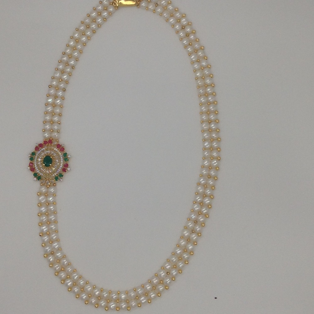 Tri Colour CZ Broach Set With 2 Line Button Jali Pearls Mala JPS0224 - Image 4