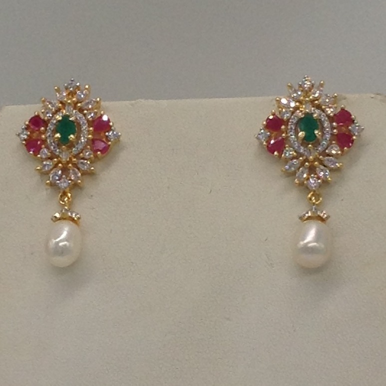 Tri Colour CZ Broach Set With 2 Line Button Jali Pearls Mala JPS0224 - Image 3