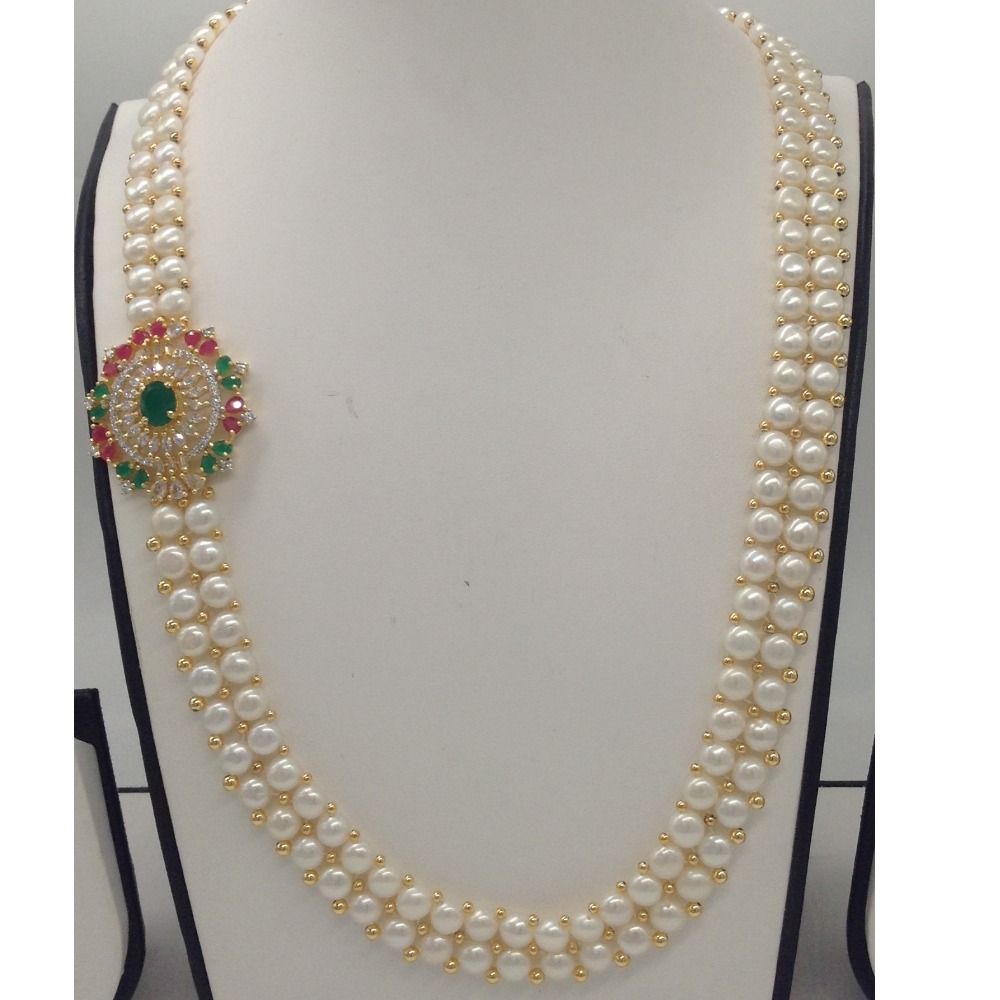 Tri Colour CZ Broach Set With 2 Line Button Jali Pearls Mala JPS0224 - Image 2
