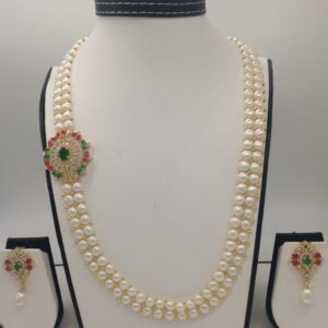 Tri Colour CZ Broach Set With 2 Line Button Jali Pearls Mala JPS0224