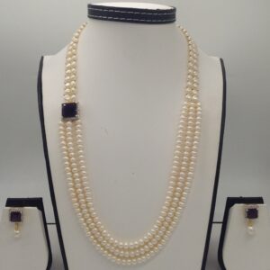 White And Purple CZ Broach Set With 2 Line Button Jali And 3 Line Flat Pearls Mala JPS0268