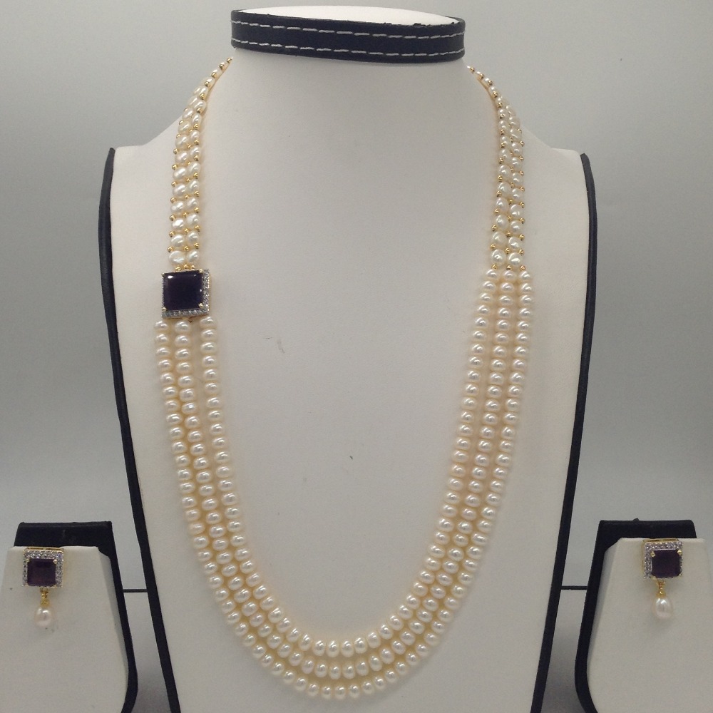 White And Purple CZ Broach Set With 2 Line Button Jali And 3 Line Flat Pearls Mala JPS0268