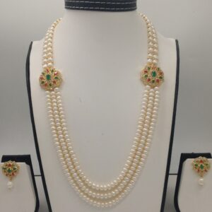 Tri Colour CZ Broach Set With 2 Line Button Jali And 3 Line Flat Pearls Mala JPS0269