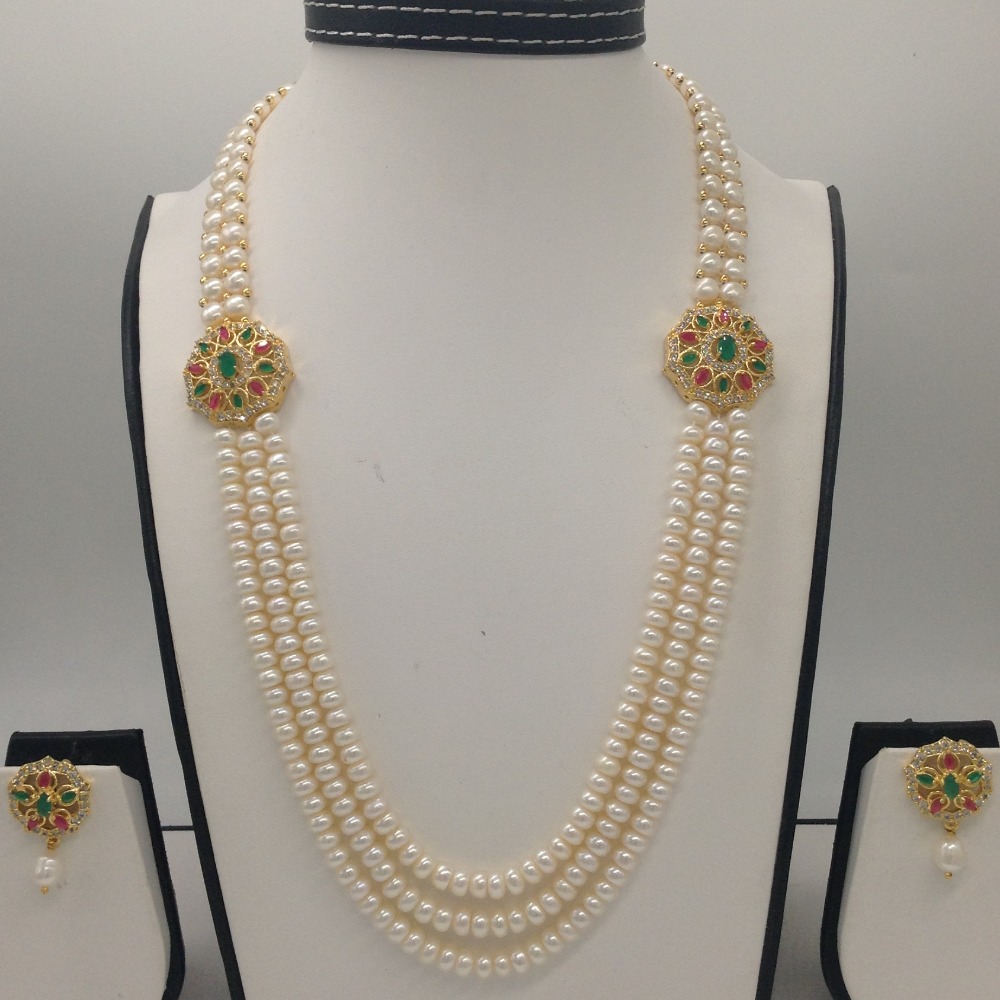 Tri Colour CZ Broach Set With 2 Line Button Jali And 3 Line Flat Pearls Mala JPS0269