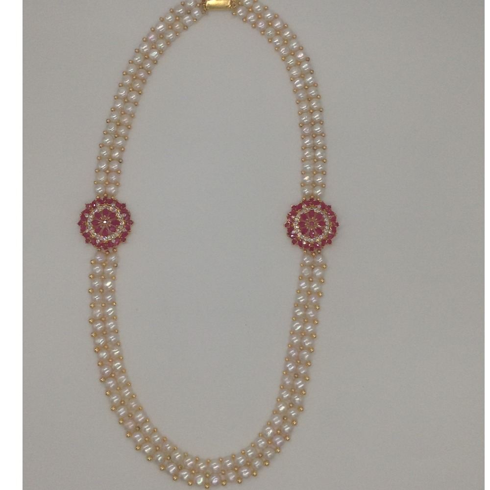 White And Red CZ Broach Set With 2 Line Button Jali Pearls Mala JPS0235 - Image 4