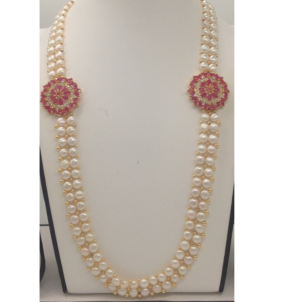 White And Red CZ Broach Set With 2 Line Button Jali Pearls Mala JPS0235 - Image 2