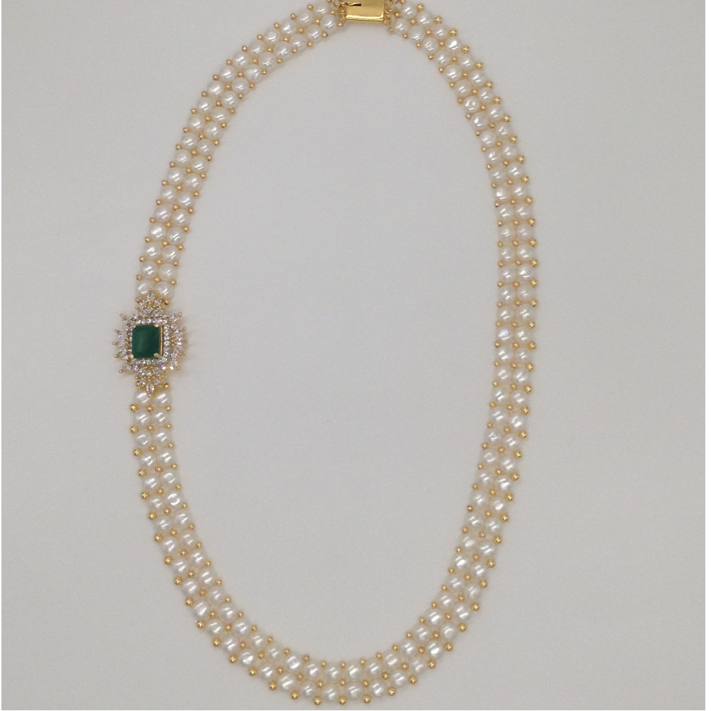 White And Green CZ Broach Set With 2 Line Button Jali Pearls Mala JPS0223 - Image 4