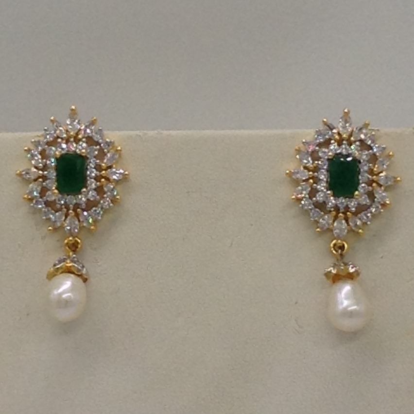 White And Green CZ Broach Set With 2 Line Button Jali Pearls Mala JPS0223 - Image 3