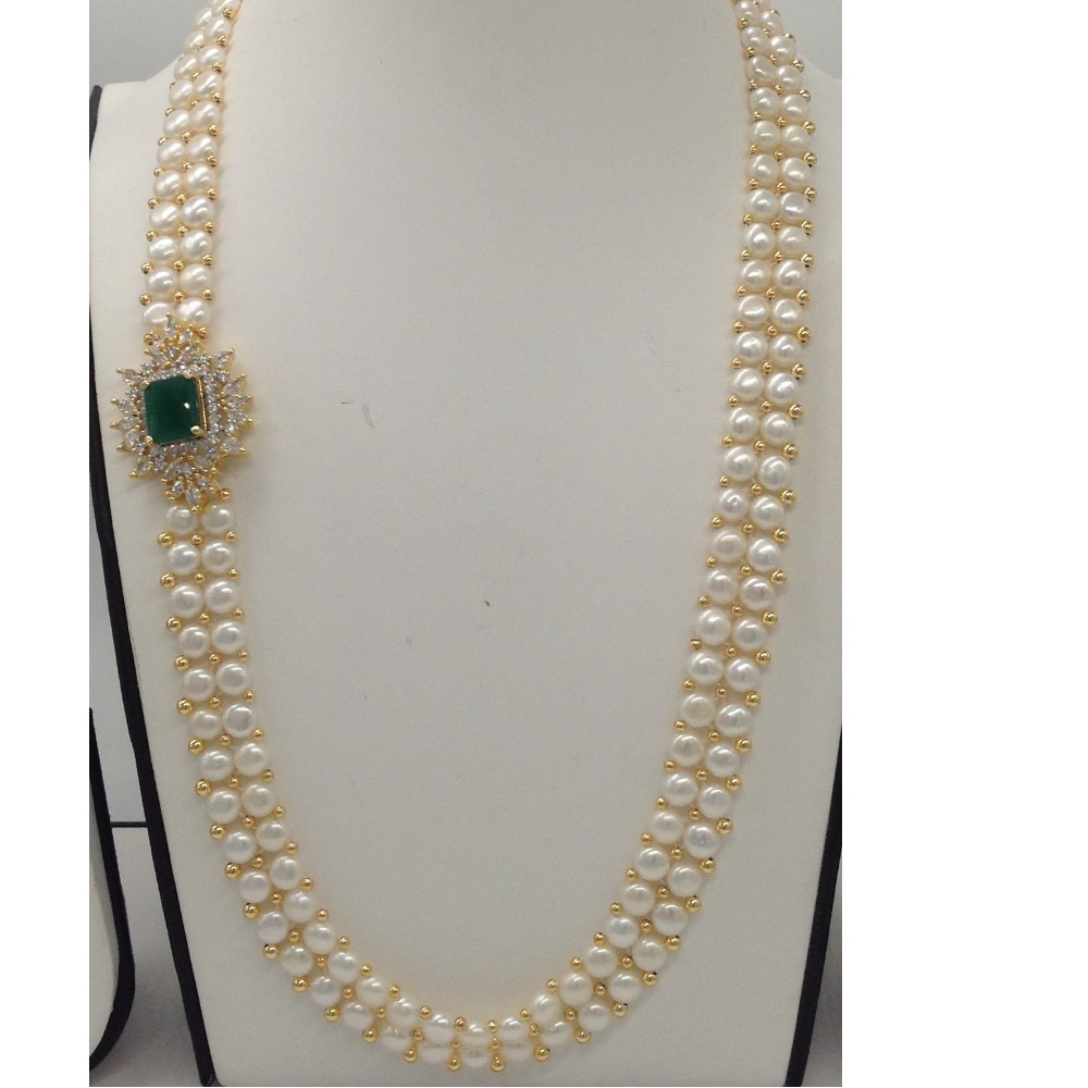 White And Green CZ Broach Set With 2 Line Button Jali Pearls Mala JPS0223 - Image 2