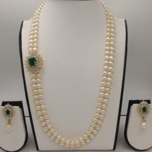 White And Green CZ Broach Set With 2 Line Button Jali Pearls Mala JPS0223