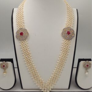White And Red CZ Broach Set With Seed "V" Jali Pearls Mala JPS0203
