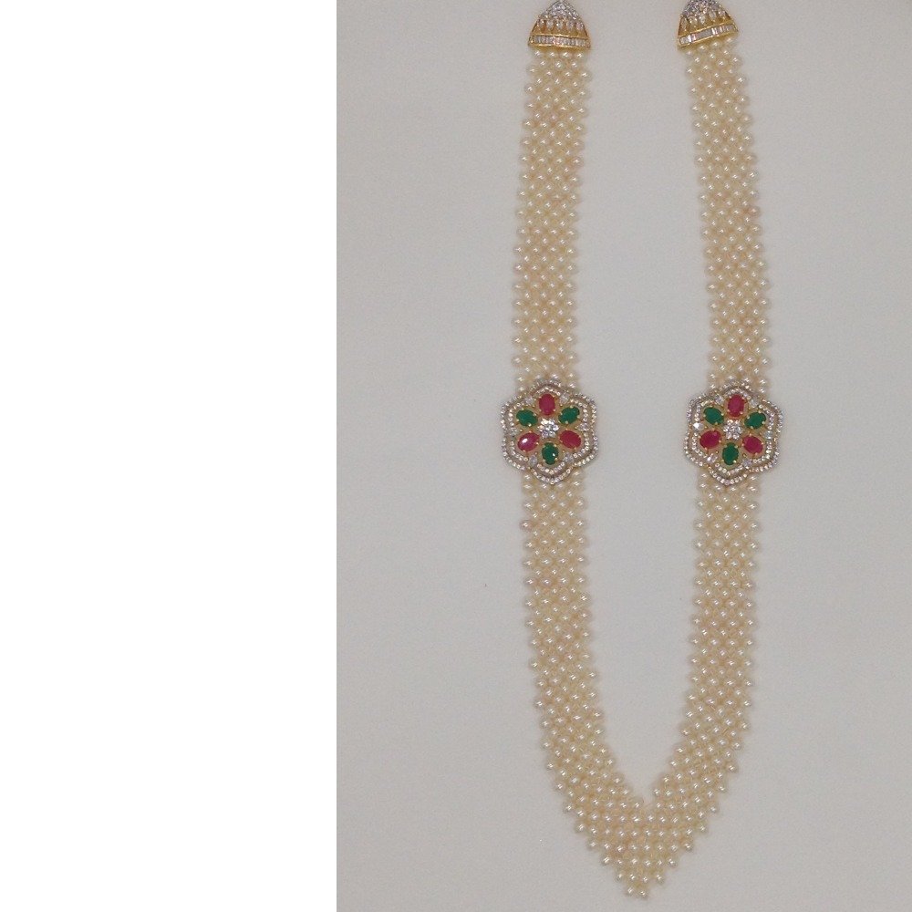 Tri Colour CZ Broach Set With Seed "V" Jali Pearls Mala JPS0204 - Image 4