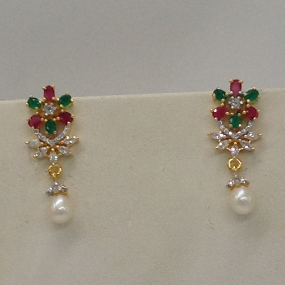 Tri Colour CZ Broach Set With Seed "V" Jali Pearls Mala JPS0204 - Image 3