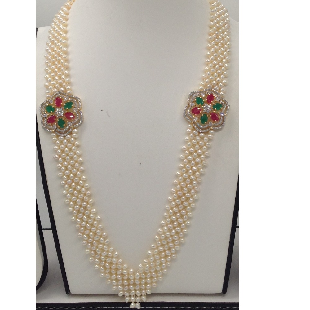 Tri Colour CZ Broach Set With Seed "V" Jali Pearls Mala JPS0204 - Image 2