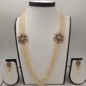 Tri Colour CZ Broach Set With Seed "V" Jali Pearls Mala JPS0204