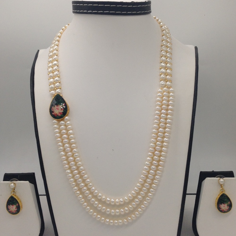 White crystal with flower enamel broach set with 2 line button jali and 3 line flat pearls mala jps0267
