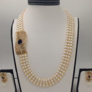 White And Black CZ Broach Set With 3 Line Button Jali Pearls Mala JPS0213