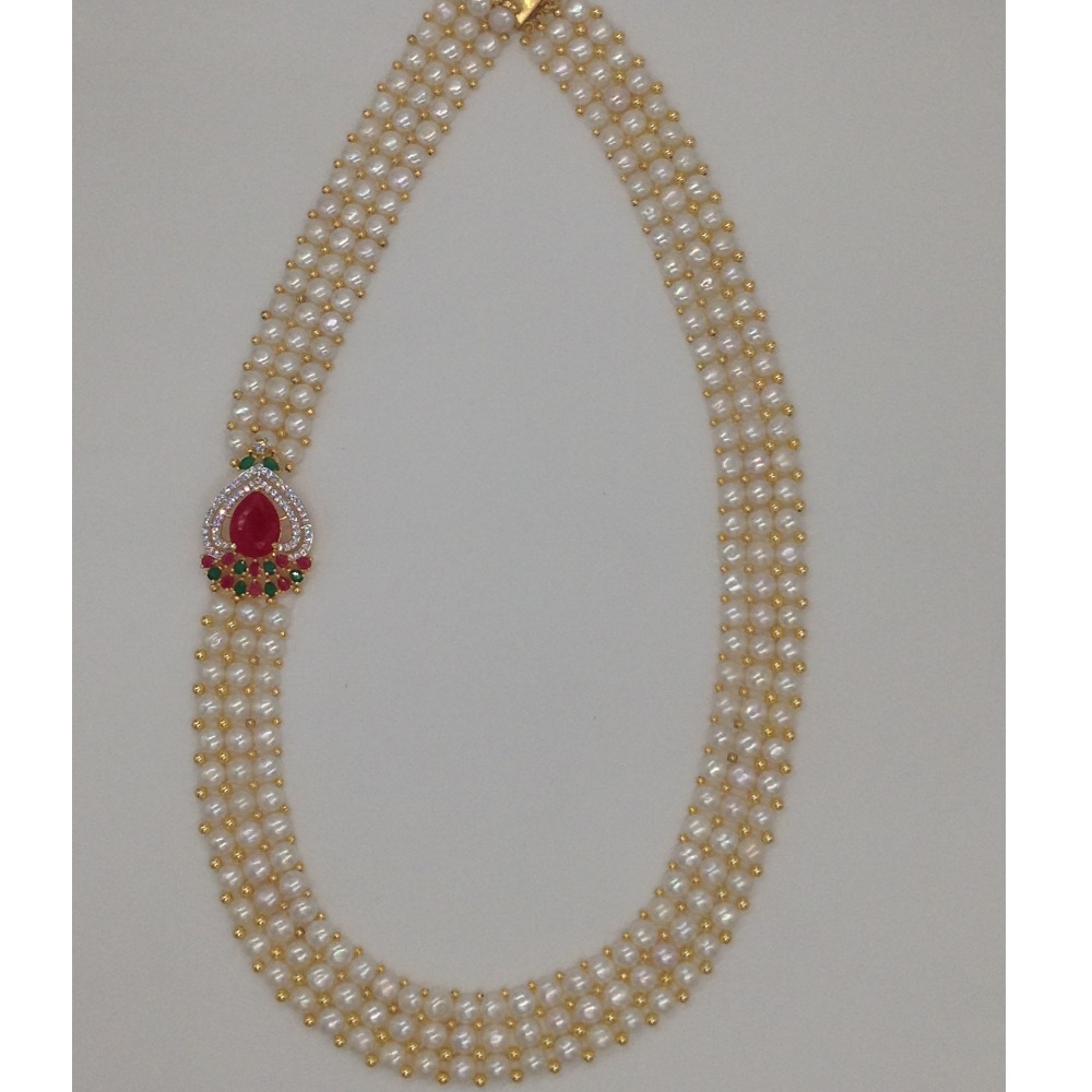 Tri Colour CZ Broach Set With 3 Line Button Jali Pearls Mala JPS0212 - Image 4