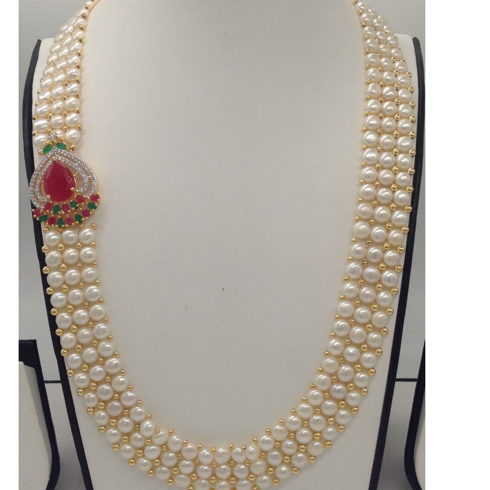 Tri Colour CZ Broach Set With 3 Line Button Jali Pearls Mala JPS0212 - Image 2