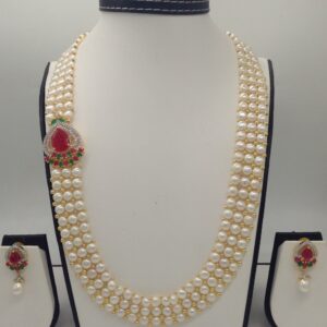 Tri Colour CZ Broach Set With 3 Line Button Jali Pearls Mala JPS0212