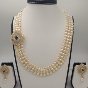 White And Black CZ Broach Set With 3 Line Button Jali Pearls Mala JPS0211