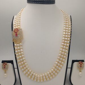 White And Red CZ Broach Set With 3 Line Button Jali Pearls Mala JPS0210